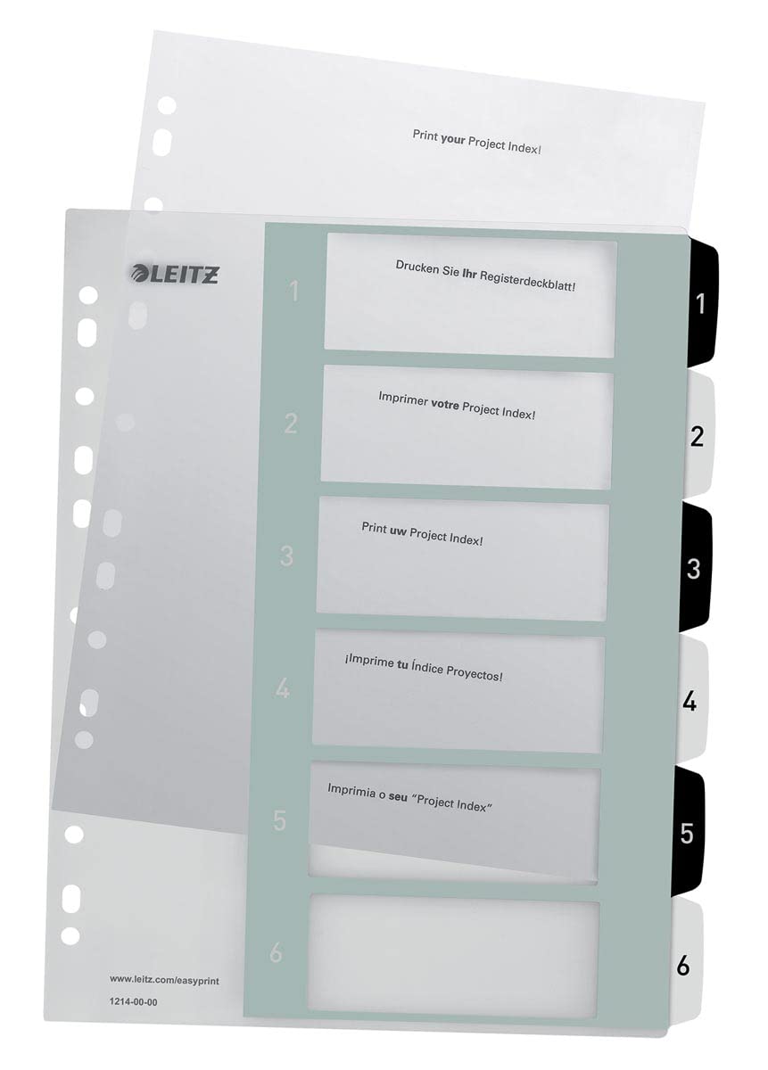 Leitz index for A4+, pack of 20, PC-writable cover sheet and 6 dividers, tabs with numbers printed 1-6, extra width, white/black, polypropylene, WOW, 12140000 - 12140000-20