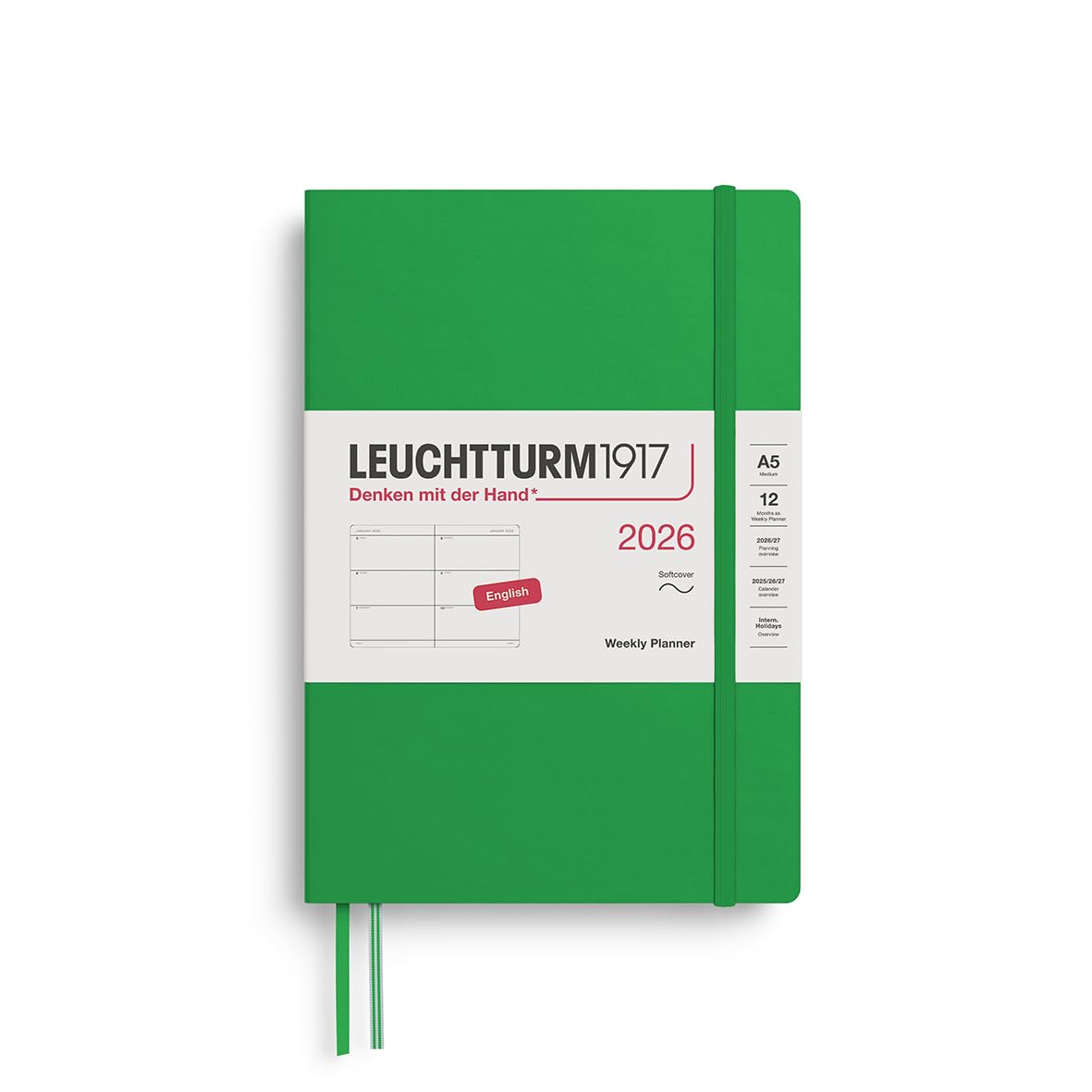 LEUCHTTURM1917 372740 Calendar săptămânal mediu (A5) 2026, copertă moale, frunză de primăvară, engleză