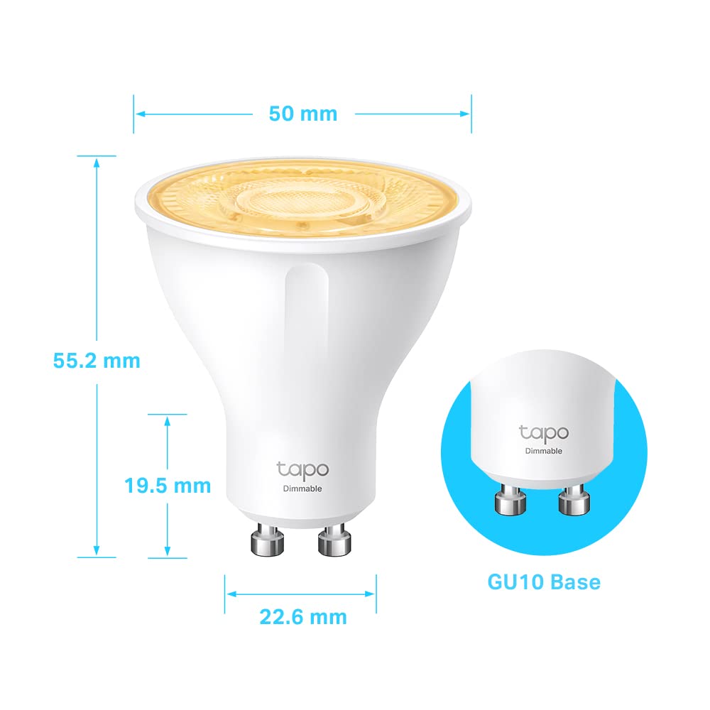 Tapo TP-Link bec inteligent WLAN GU10 L610, 4 bucăți, economisire de energie, 2.9 W echivalent cu 50W, lampă inteligentă dimabilă, accesorii smart home Alexa, compatibil cu Alexa și Google Assistant, Alb