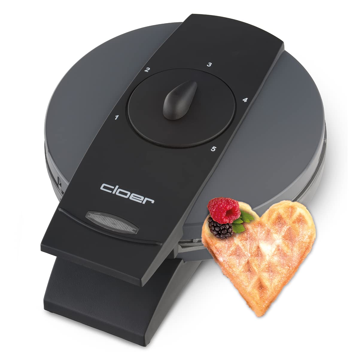 Cloer 1625 waffle iron for classic heart waffles, 930 W, waffle size 15.5 cm, continuously selectable browning level, practical stand function, metal, gray