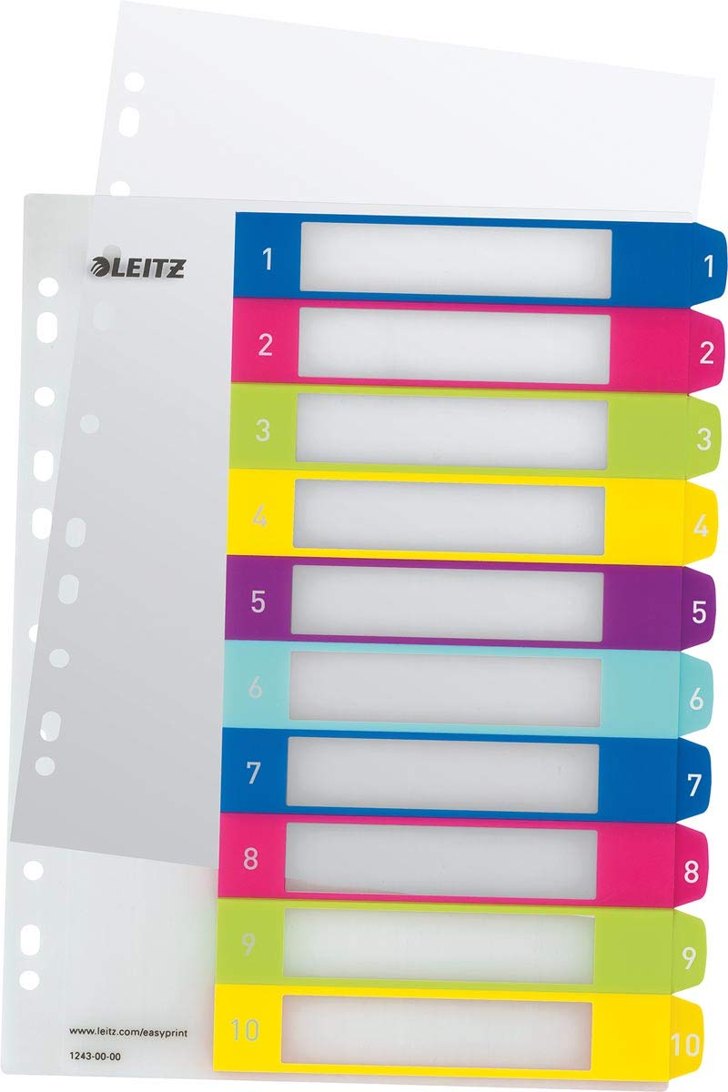 Leitz index for A4, pack of 10, PC-writable cover sheet and 10 dividers, tabs with numbers printed 1-10, extra width, multi-colored, polypropylene, WOW, 12430000 - 12430000-10