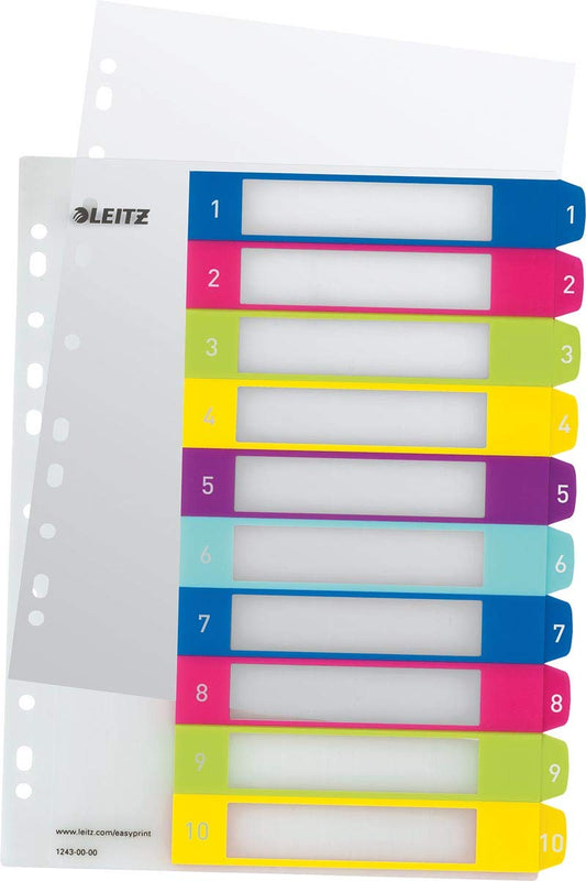 Leitz index for A4, pack of 10, PC-writable cover sheet and 10 dividers, tabs with numbers printed 1-10, extra width, multi-colored, polypropylene, WOW, 12430000 - 12430000-10