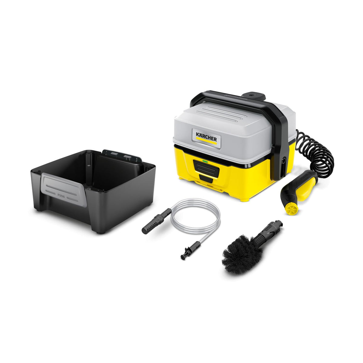 Kärcher Mobile Outdoor Cleaner OC 3 Adventure Box (Water tank volume: 4 l, Lithium-ion battery, Removable water tank, Gentle low pressure, Universal brush, Suction hose), yellow - 1.680-016.0
