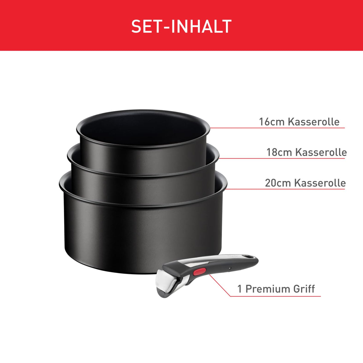 Tefal Ingenio Unlimited 4-piece saucepan set, 16/18/20 cm, pot set with removable handle, stackable, space-saving, induction-compatible pot set with non-stick coating, easy to use and clean, L39594 - L3959443