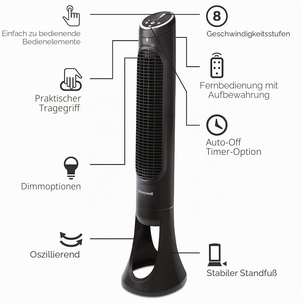 Honeywell QuietSet Tower (8 speed settings, 80° oscillation, timer function, remote control, dimming options) HYF290 - HYF290E4