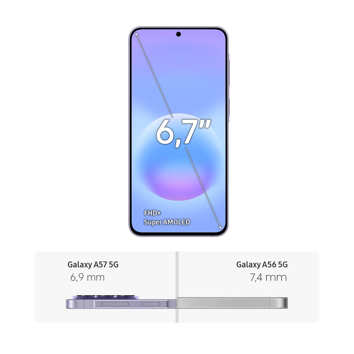 Samsung Galaxy A57 5G, Slim AI smartphone, Awesome Intelligence, 128 GB storage space, 50 MP wide-angle camera, Up to 2 days battery life, IP68, Awesome Lilac, 2.5 year manufacturer's warranty - SM-A57