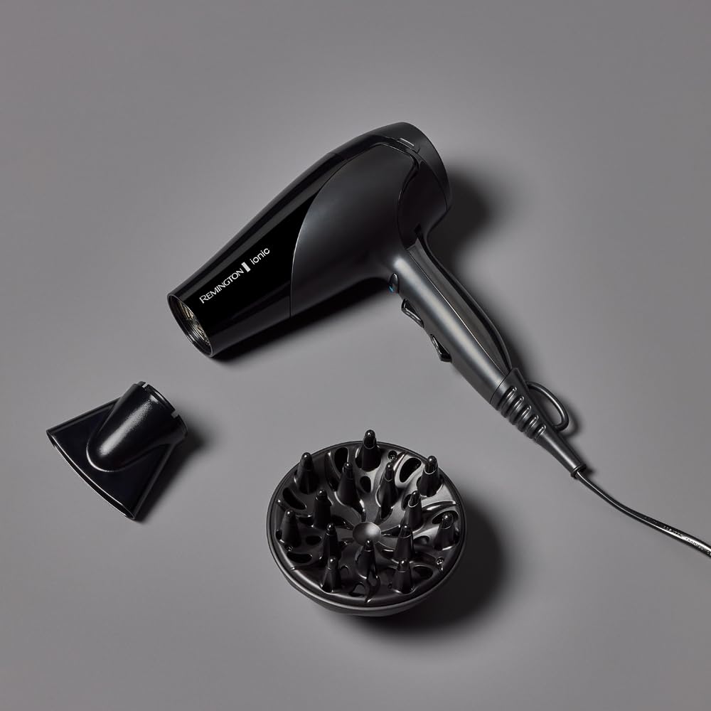 Remington Hair Dryer Ions [lightweight, diffuser & styling nozzle] black (2200W, ceramic ions: gentle styling & even heat distribution, 3 heat & 2 separate fan speeds + cool shot) D3198 - 45711560100