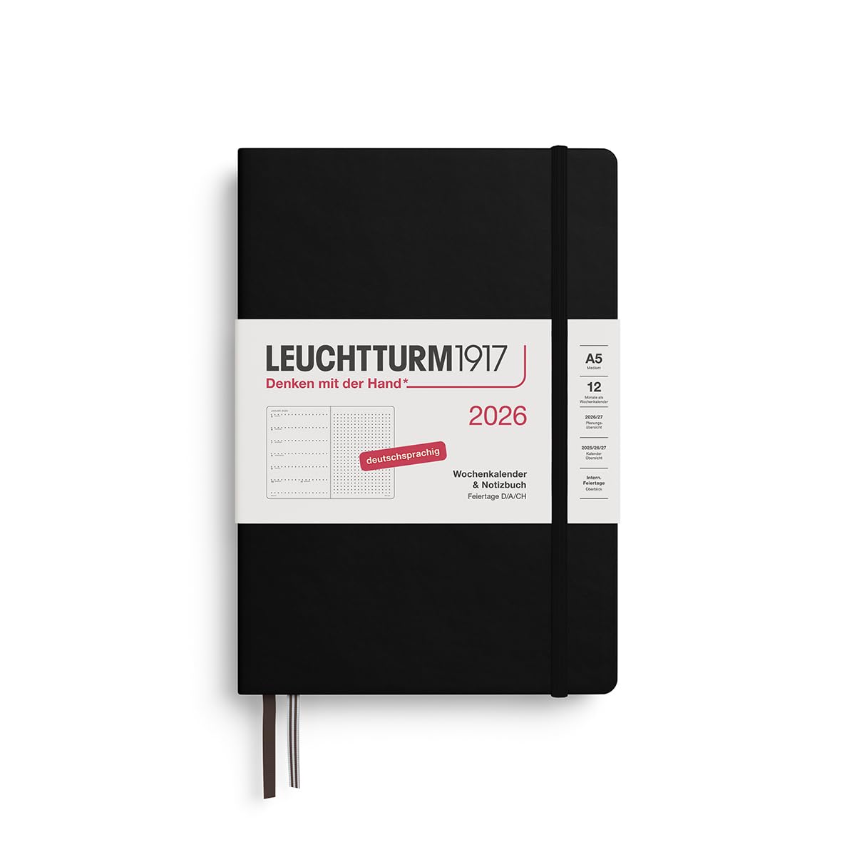 LEUCHTTURM1917 372519 Weekly Calendar & Notebook Dotted Medium (A5) 2026, 12 Months, Black, German