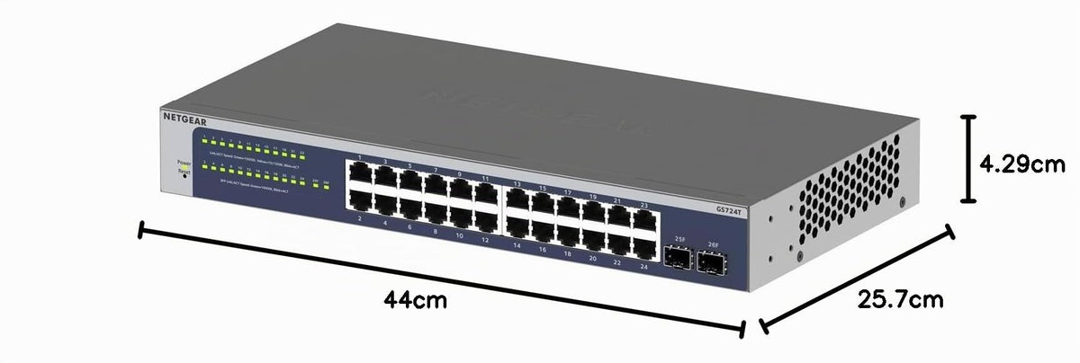NETGEAR Switch Smart Gigabit Ethernet cu 24 porturi (GS724T) gestionat, opțional cu management cloud Insight pentru 1 an, cu 2 SFP de 1G, montabil pe birou și rack, și garanție limitată pe durata utilizării. - GS724T-600EUS