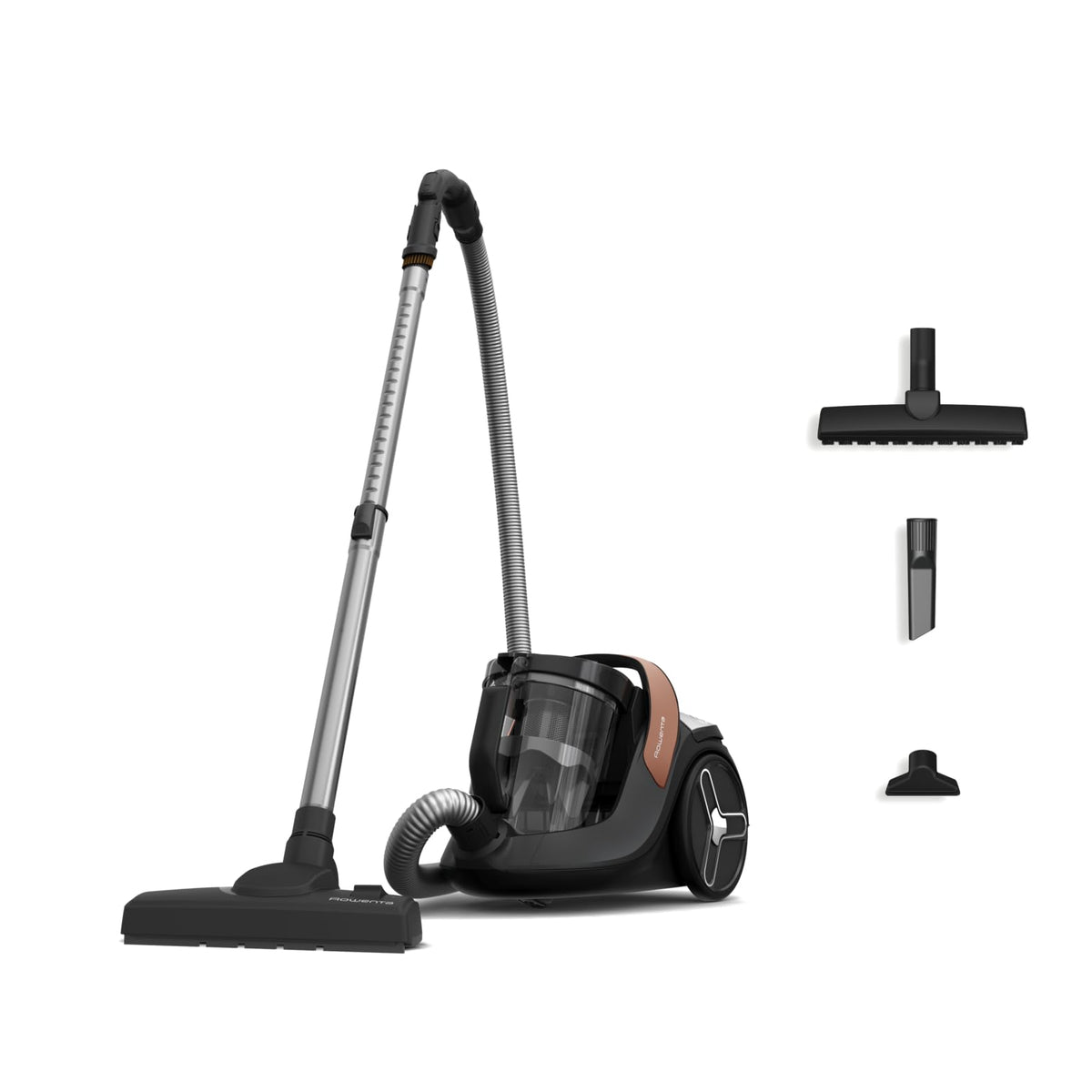 Rowenta Green Force Cyclonic Effitech, aspirator vertical fără sac, 500 Watt, capacitate XXL de 2,5l, foarte silențios cu doar 68 decibeli, potrivit pentru toate tipurile de podele, negru-teracotă, RO7C30