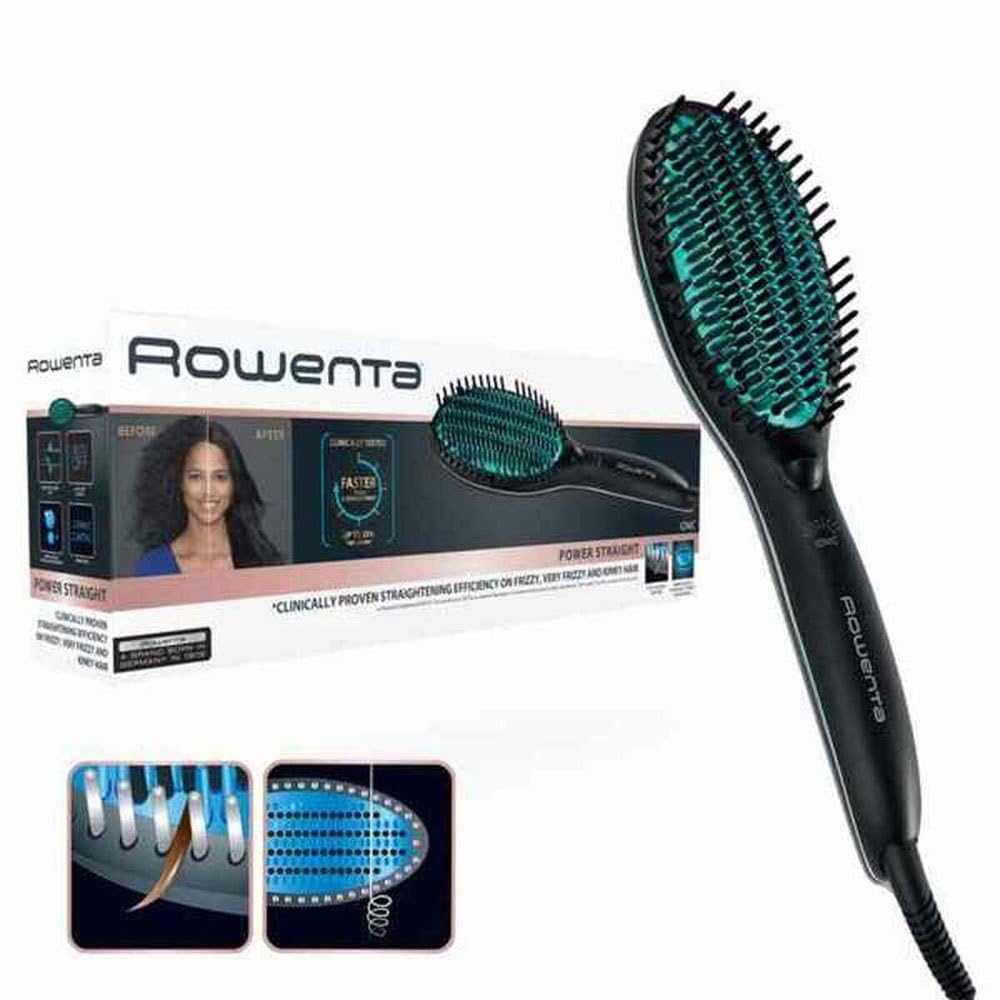 Rowenta Powerstraight Straightening Brush, CF5820, Suitable for All Hair Types, Triple Action Smoothing, Radiant Shine, Adjustable Temperatures, Protected Hair, 1.8 m, Black & Green, 1 Piece (1 Pack)
