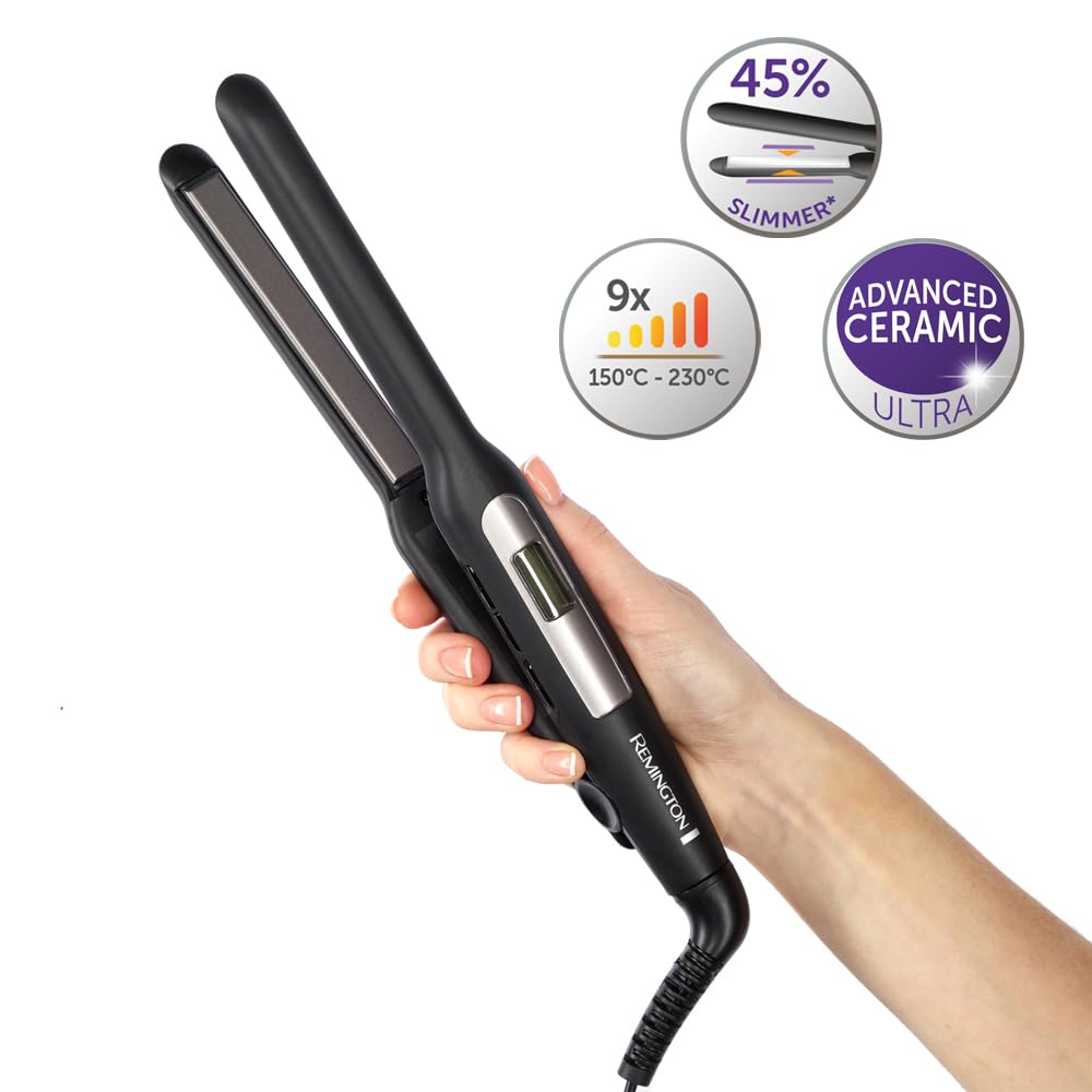 Remington straightening iron [extra narrow plates: for short hair, pixies, bangs, beard & small curls] hair straightener (Ultra-Pro ceramic coating, LCD display, 150-230°C) beard straightener S5515