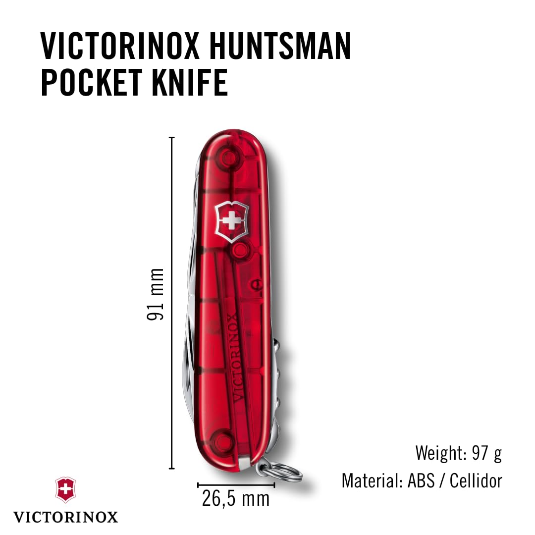 Victorinox Swiss Army Knife Huntsman, Multitool, Swiss Army Knife with 15 functions, blade, corkscrew, can opener, folding box, red transparent - 1.3713.T