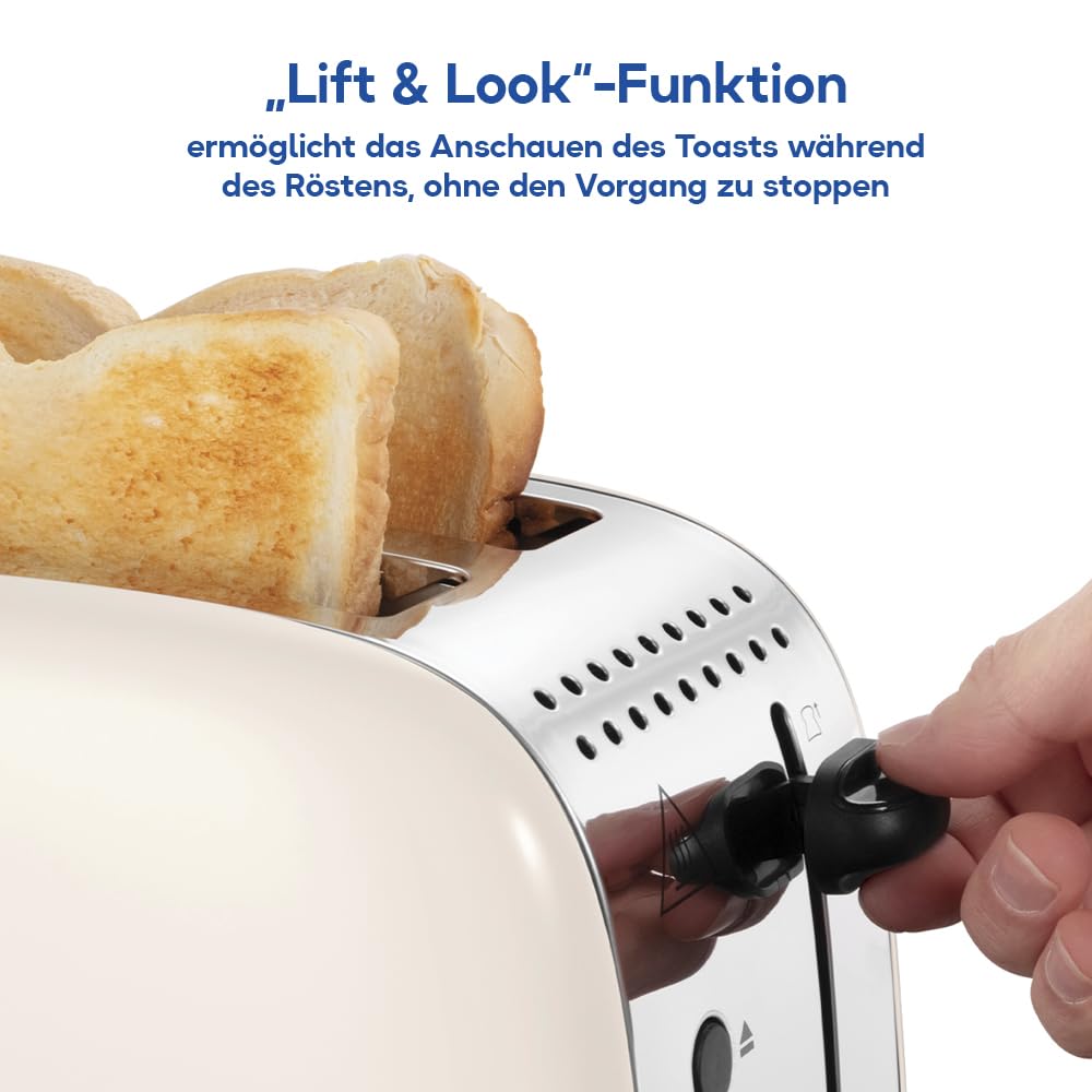 Russell Hobbs Toaster [for 2 slices] Colours Plus Jasmine (6 browning levels, wide toast slot, quick toast, lift function, bun warmer, defrost, reheat & stop function, 1100W) 26930-56