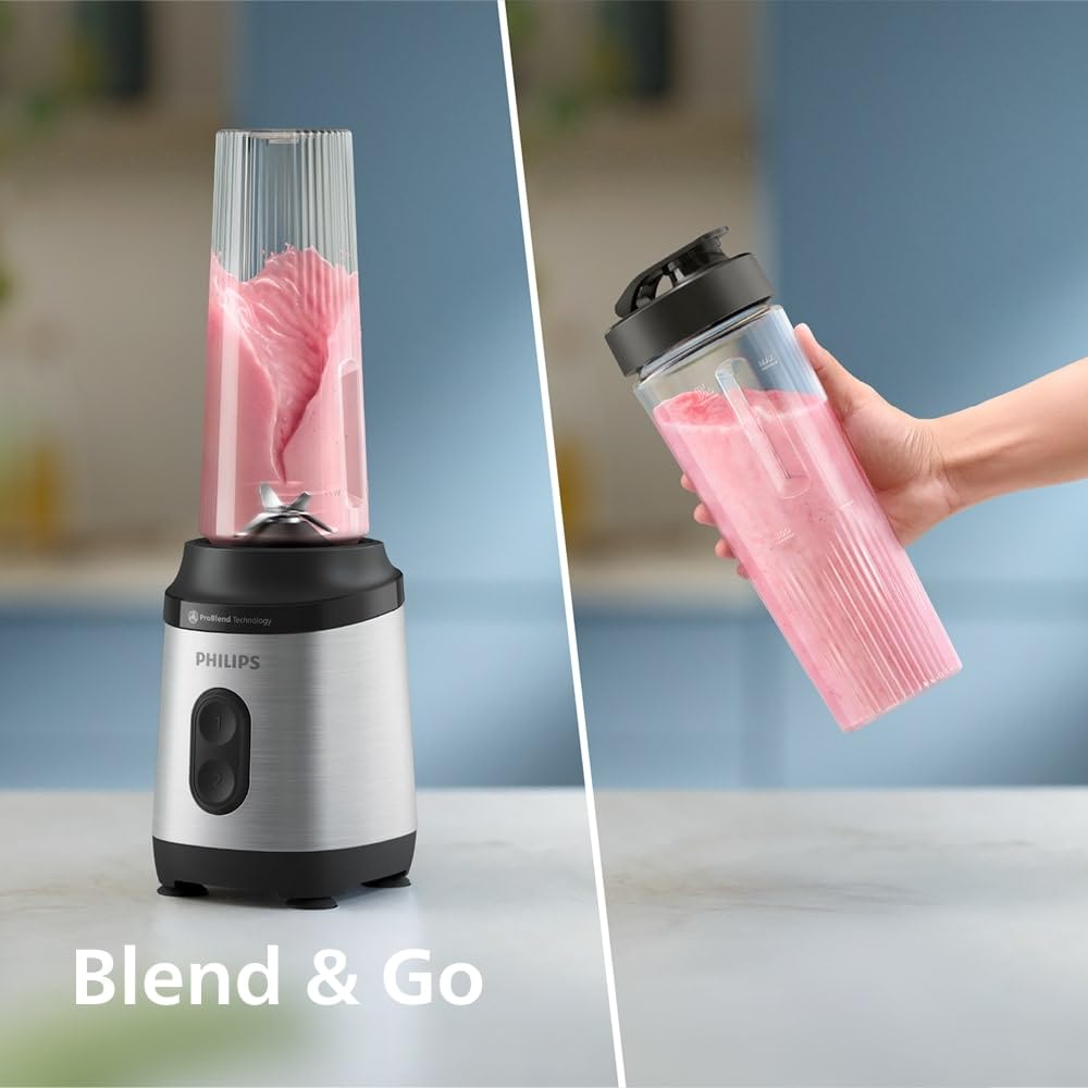 Philips Blend & Go 3000 Series Mini Smoothie Blender - 350W, 0.6L cup, 4-star removable blade, 2 speeds, dishwasher safe, ProBlend technology, compact, silver (HR2671/00)