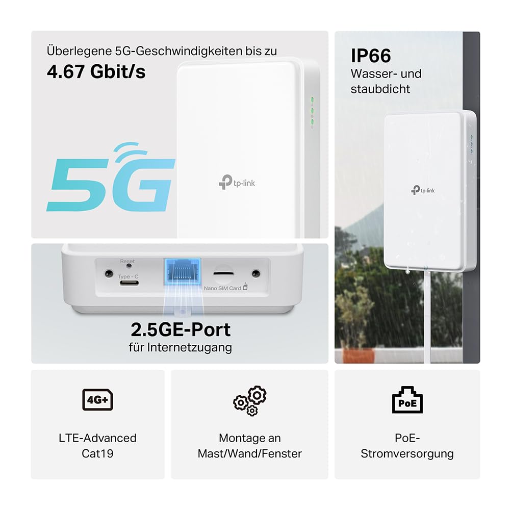 TP-Link NE200-Outdoor 5G LTE Router 𝐨𝐡𝐧𝐞 𝐖𝐋𝐀𝐍, 5G up to 4.67Gbps, 2.5 Gigabit port, weatherproof, for mounting on a pole, wall or window, 802.3at and passive PoE