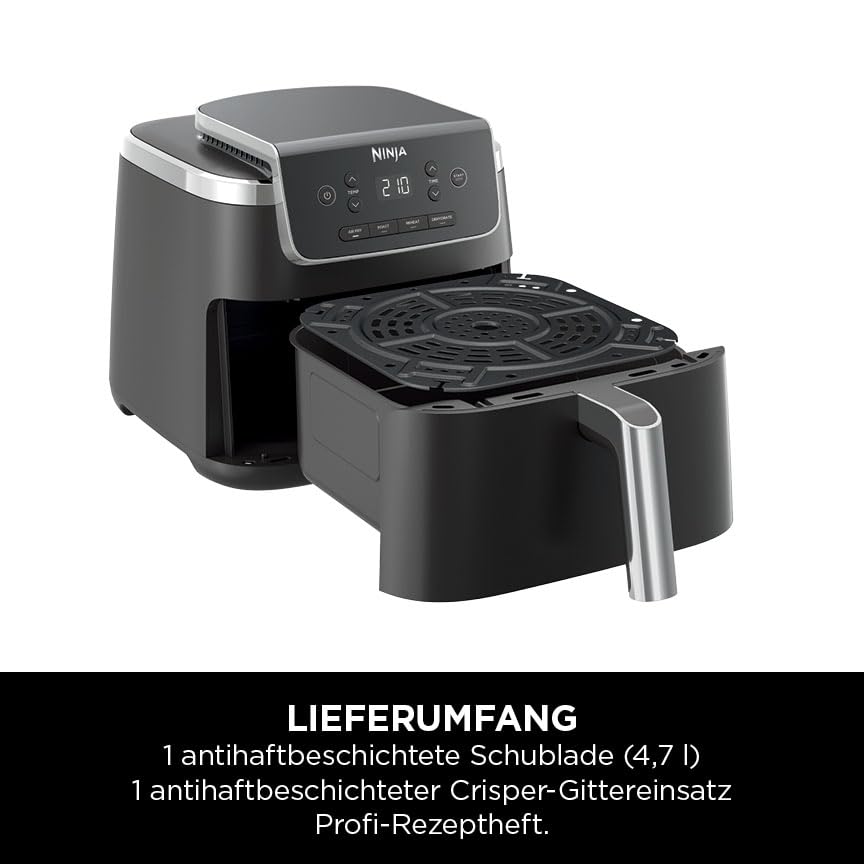 Ninja PRO Air Fryer Heißluftfritteuse, 4,7L Airfryer, Einzelkorb-Heißluftfritteuse, 4-in-1, pentru 1-2 porții, digital, gătire din congelat, sertar antiaderent & coș Crisper, negru AF140EU