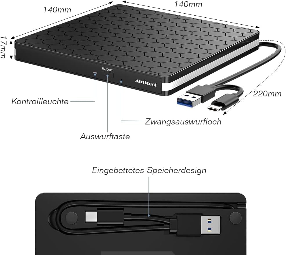 Amicool External DVD Drive, USB 3.0 Type-C CD DVD +/-RW Optical Drive USB C Burner Slim CD/DVD ROM Rewriter Writer Reader Portable for PC Laptop Desktop MacBook Mac Windows 7/8.1/10 Linux OS Apple - BT686