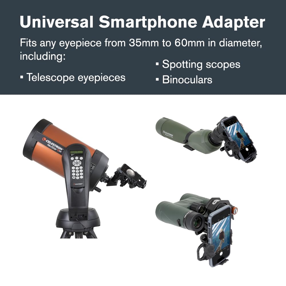 Celestron 81057 NexYZ DX 3-Axis Smartphone Adapter Set with Bluetooth Remote Shutter - Capture images and videos through your telescope, spotting scope, binoculars, monocular and microscope, Black