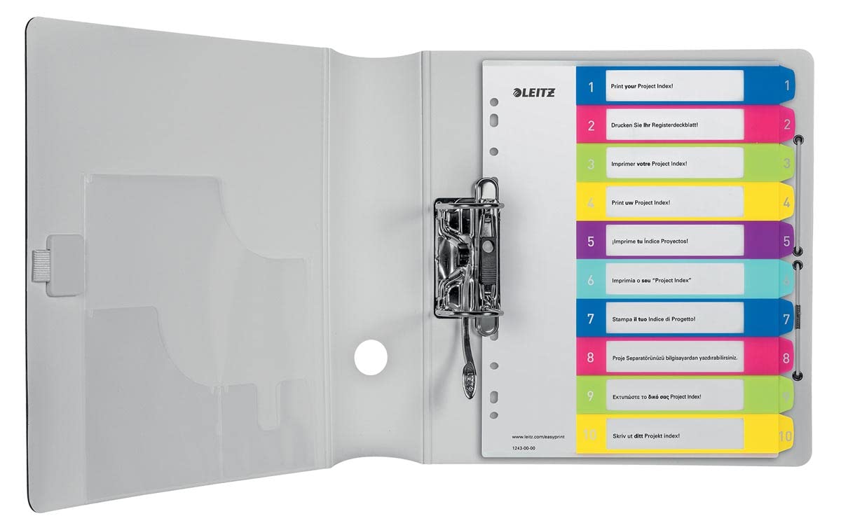 Leitz index for A4, pack of 10, PC-writable cover sheet and 10 dividers, tabs with numbers printed 1-10, extra width, multi-colored, polypropylene, WOW, 12430000 - 12430000-10