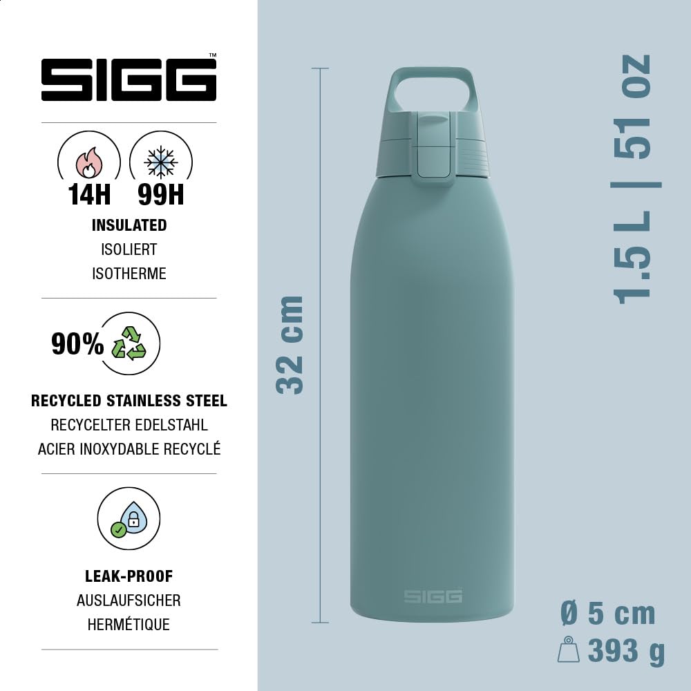 SIGG - Insulated drinking bottle - Thermos bottle Shield Therm One Morning Blue - carbonated drinks - leak-proof - dishwasher safe - BPA-free - 90% recycled stainless steel - gray blue - 1.5L - 6218.80