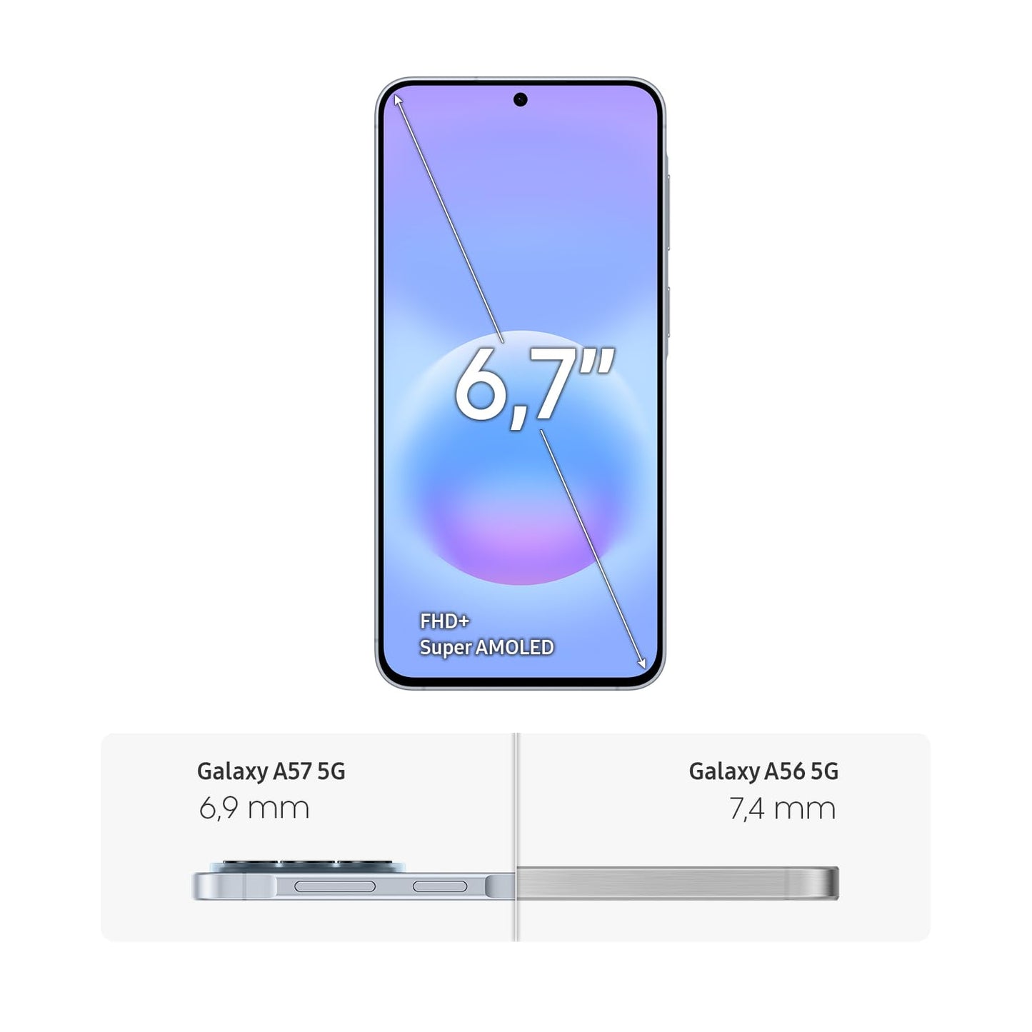 Samsung Galaxy A57 5G, slim AI smartphone, Awesome Intelligence, 256 GB storage space, 50 MP wide-angle camera, up to 2 days battery life, IP68, Awesome Icyblue, 2.5 year manufacturer's warranty - SM-A57