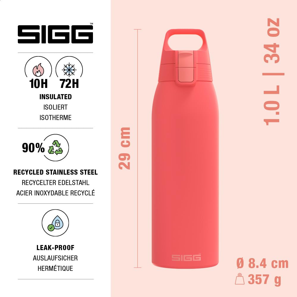SIGG - Insulated drinking bottle - Thermos bottle Shield Therm One Watermelon - carbonated drinks - leak-proof - dishwasher safe - BPA-free - 90% recycled stainless steel - pink - 1L - 6218.20
