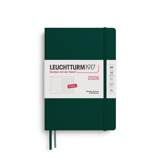 LEUCHTTURM1917 372704 Calendar și caiet săptămânal cu punct mediu (A5) 2026, verde pădure, engleză
