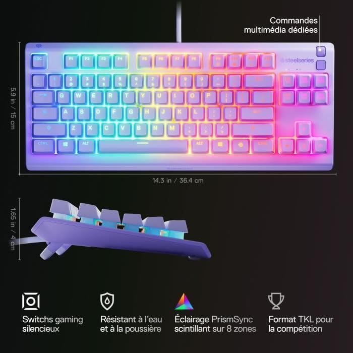 SteelSeries Apex 3 TKL Lavender RGB Gaming Keyboard – Compact Tenkeyless Form Factor – 8-Zone RGB Lighting – Water and Dust Resistance – Whisper Quiet Gaming Switches - FR Layout AZERTY - 64944