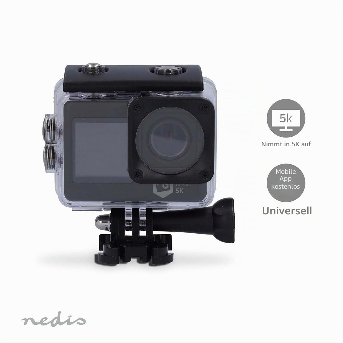 Nedis Action Cam - 5K@30fps - 16 MPixel - Waterproof up to: 30.00 m - 80 min - Wi-Fi - App available for: Android/iOS - Includes mount - Black - ACAM71BK
