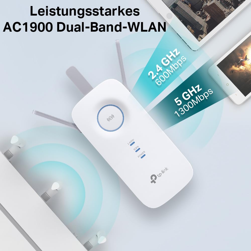 TP-Link RE550 WLAN amplifier repeater AC1900 (dual WLAN AC + N, 1300MBit/s 5GHz + 600MBit/s 2.4GHz, WLAN amplifier, app control, maximum coverage, compatible with all WLAN routers) white