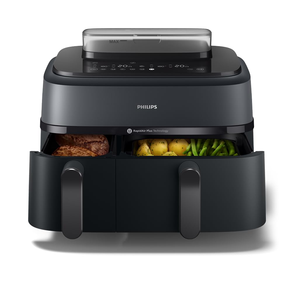 Philips Steam Airfryer 5000 Series Dual Basket Hot Air Fryer with Steam Function & 2 Baskets - Steam, Airfry, SteamFry, 9L (3L+6L), RapidAir Plus, Automatic Steam Cleaning (NA550/00)