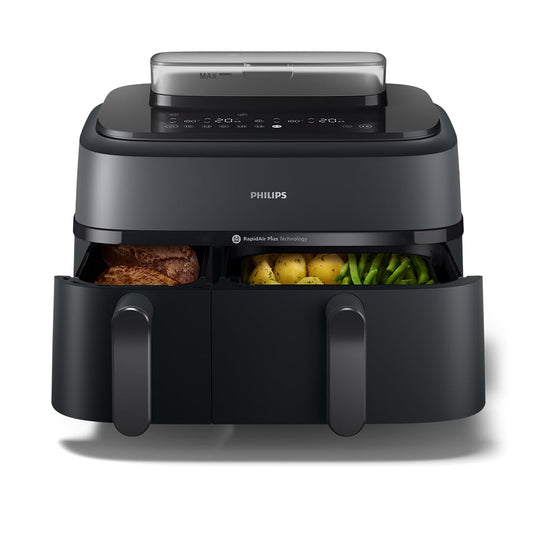 Philips Steam Airfryer 5000 Series Dual Basket Hot Air Fryer with Steam Function & 2 Baskets - Steam, Airfry, SteamFry, 9L (3L+6L), RapidAir Plus, Automatic Steam Cleaning (NA550/00)