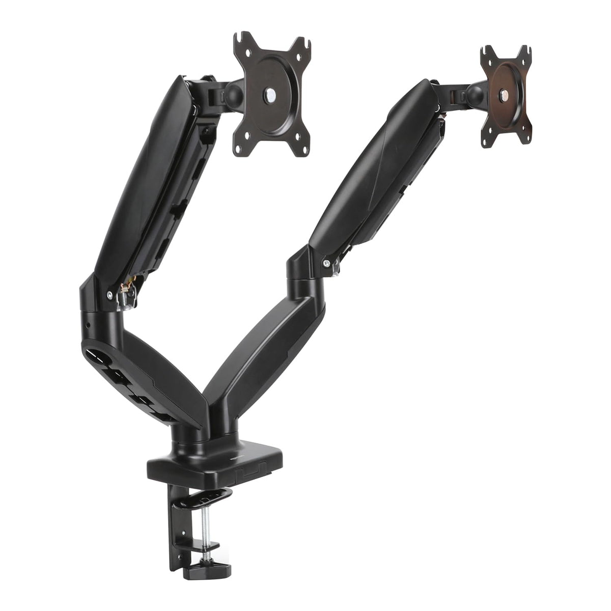 Amazon Basics Braț dublu pentru monitor cu arc pneumatic, montare pe birou, tensiune ajustabilă, pentru monitoare de 15–27 inch (38,1cm–68,6cm), suportă 2,0kg–7,0kg pe braț, VESA 75x75/100x100, negru - DS-MADDBE