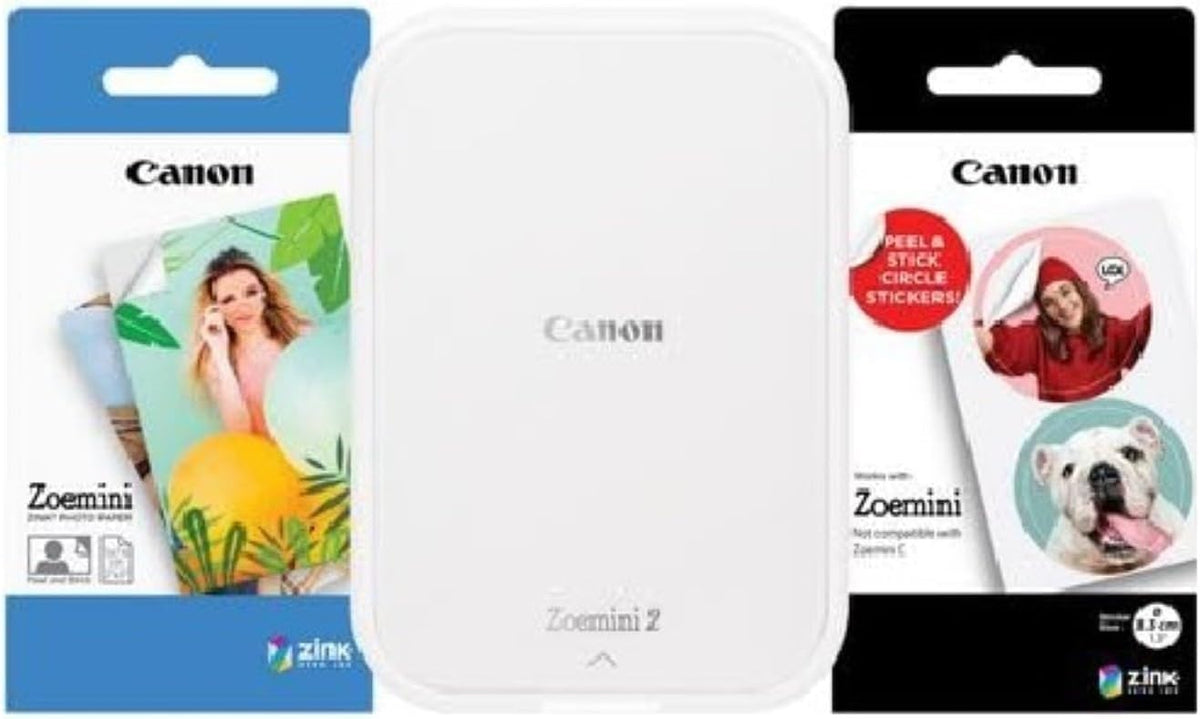 Canon Zoemini 2 „Printing Kit“ imprimantă foto, alb perluit & Zoemini 5 x 7,5 cm hârtie foto Zink | Pachet cu 50 de foi | Fără cerneală, fără efort. | Perfect pentru a distribui fotografii de amintiri