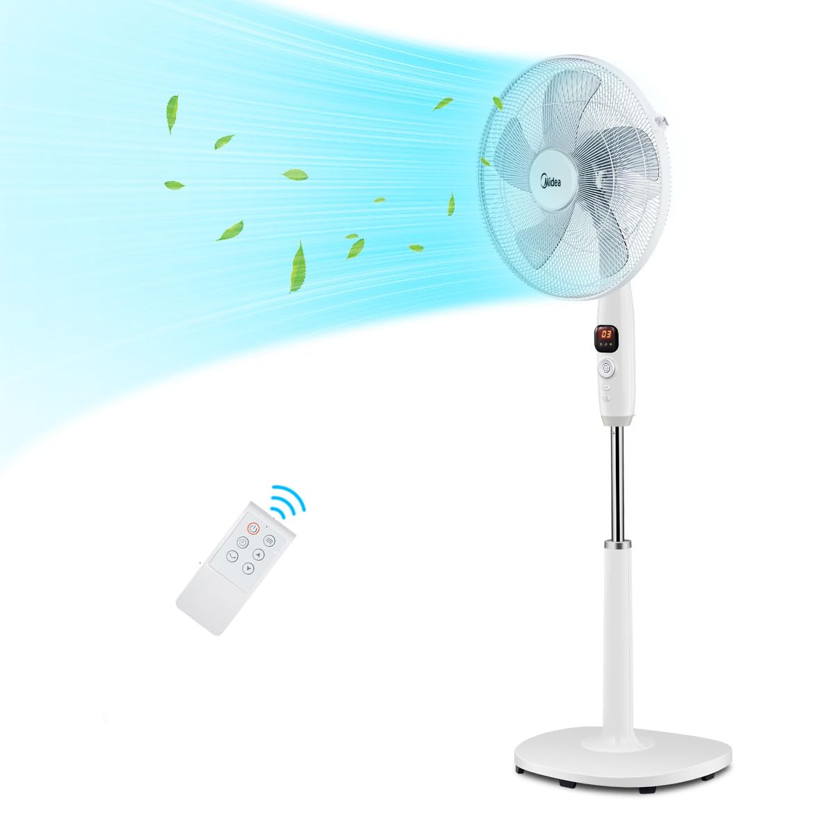Midea FS40-16CR DC motor pedestal fan quiet Extreme, with remote control, 12 speeds, 12H timer, 4 modes, LED display, energy saving, 22 dB, height adjustable, air circulation, white
