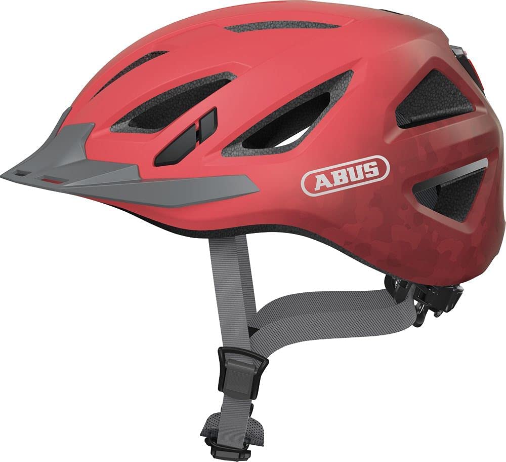 ABUS City Helmet Urban-I 3.0 - Bicycle Helmet with Rear Light, Peak and Magnetic Closure - for Men and Women - Coral, Size L (56-61 cm) - 88639