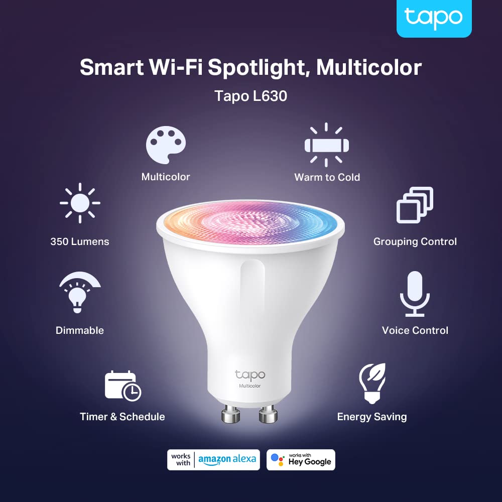 Tapo L630 (4-pack) smart WiFi light bulb GU10, energy saving, 3.7 W equivalent to 50 W, dimmable lamp, compatible with Alexa, Google Assistant, multi-colored