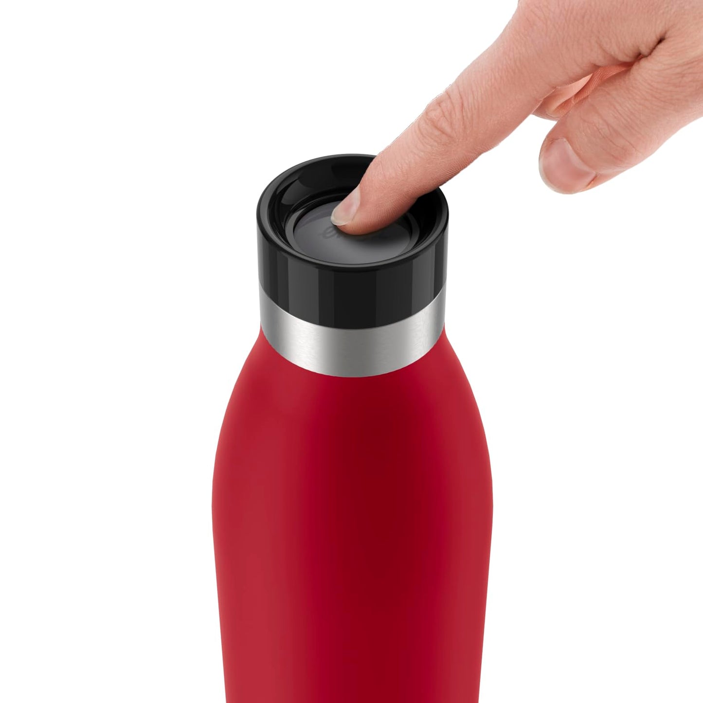 Emsa Bludrop drinking bottle, 0.7 liters, 100% leak-proof, quick-press closure, ergonomic 360° drinking pleasure, warm for 12 hours, cool for 24 hours, easy to clean, stainless steel, powder coating, dark red, N31129 - N3112900
