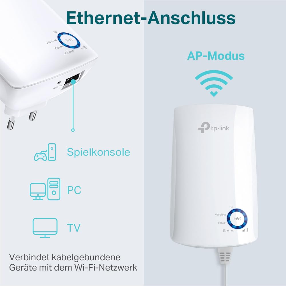 TP-Link TL-WA850RE WLAN amplifier repeater (300 Mbit/s, WLAN amplifier, app control, Ethernet port, WPS, AP mode, LED can be switched off, compatible with all WLAN devices) white