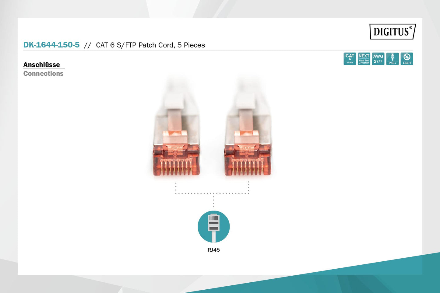 DIGITUS LAN cable Cat 6 – 15 m – 5 pieces – S/FTP shielded – gray - DK-1644-150-5