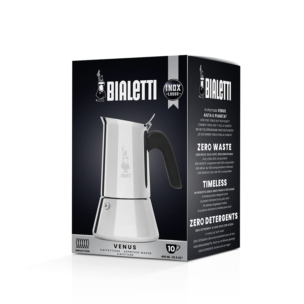 Bialetti - New Venus Induction, stainless steel stove espresso coffee machine, suitable for all types of stoves, 10 cups (460ml), aluminum, silver - 0007256/CN