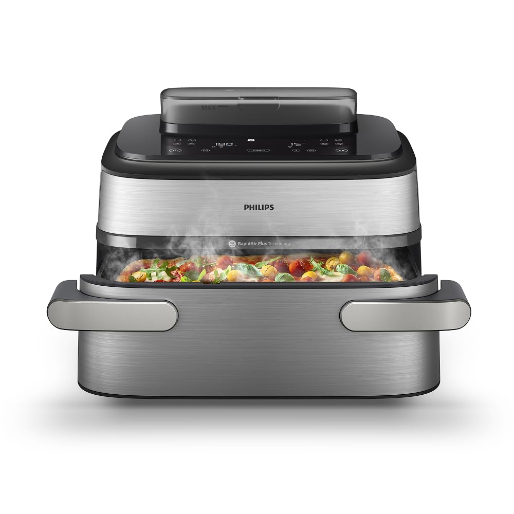 Philips Steam Airfryer 5000 Series Megabasket - Hot air fryer with steam function - Steam, Airfry, SteamFry, 9.5L Megabasket or 3L + 6L Dual Basket, basket separator, steam cleaning (NA565/00)