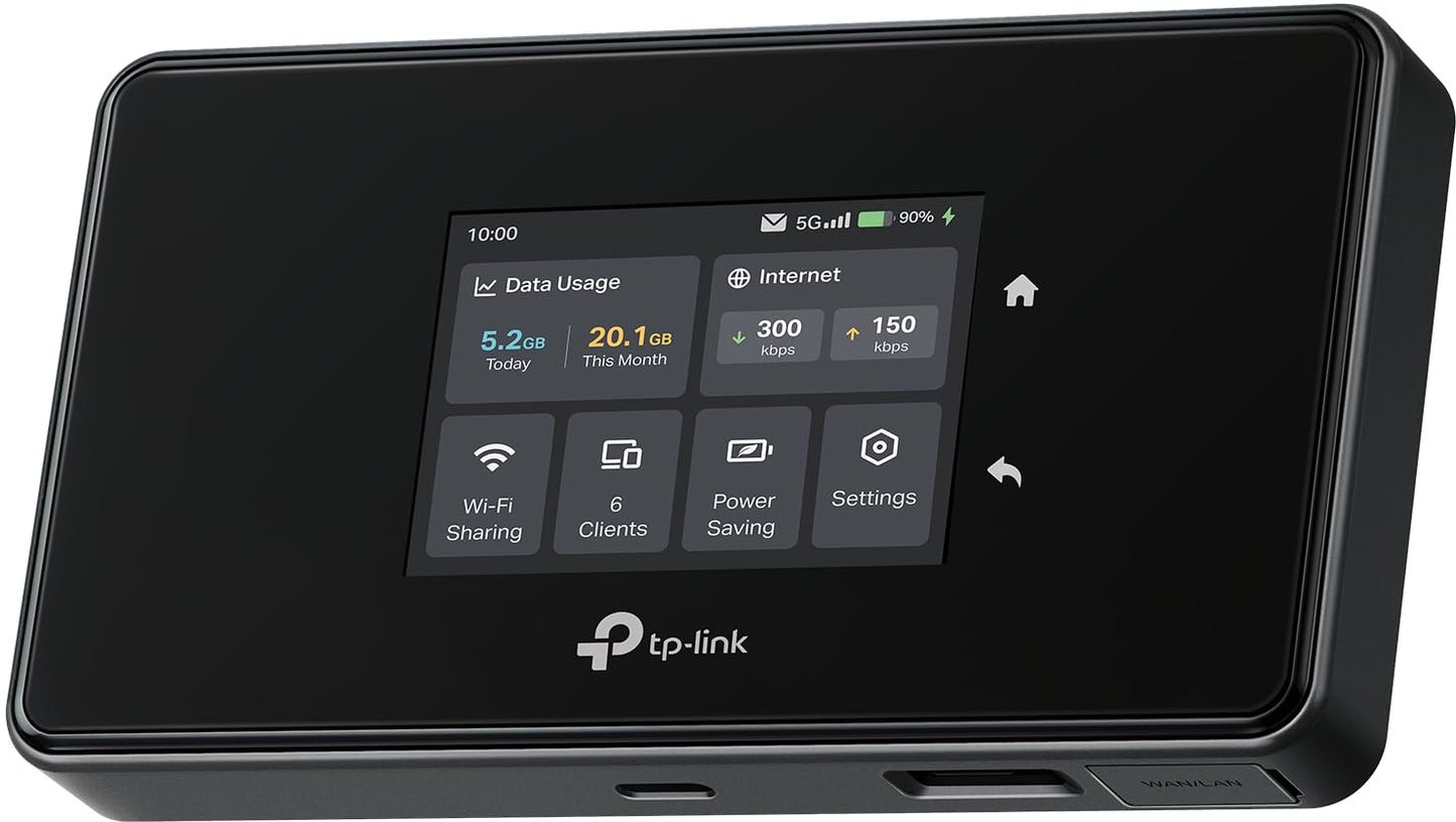 TP-Link M8550 5G LTE Mobile WLAN Router - Up to 3.4 Gbit/s, Tri-Band Wi-Fi 6E, Nano SIM card slot, Gigabit WAN/LAN, 4680 mAh battery, touchscreen, Wireguard, up to 32 devices