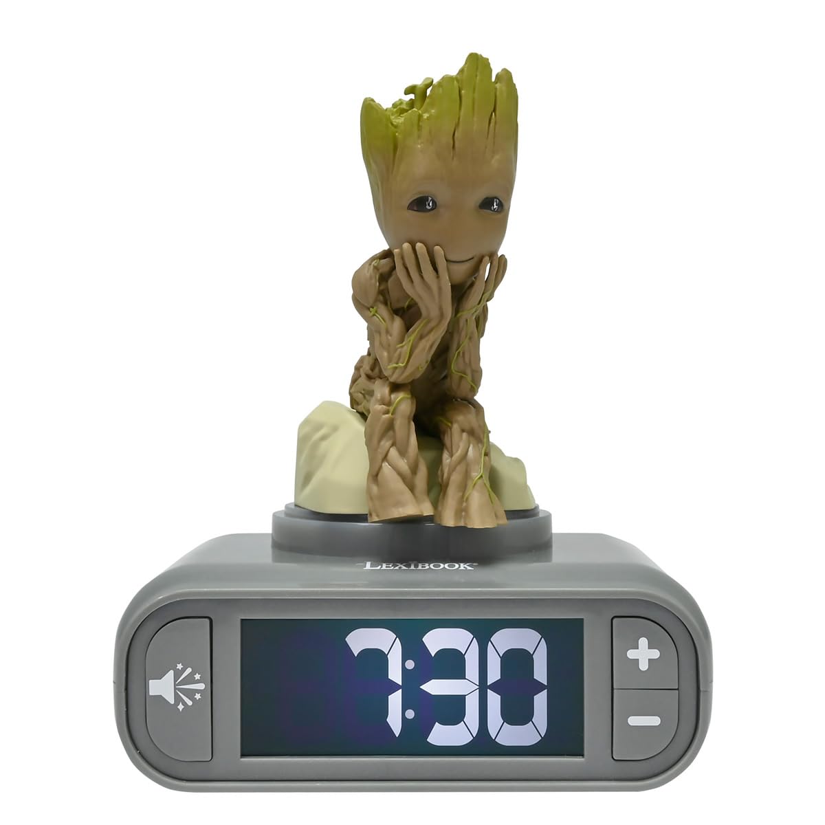 Lexibook, Marvel Guardians of the Galaxy, Groot Night Light Alarm Clock, Sounds and Melodies, Backlit LCD Screen, Illuminated, Snooze, Grey/Brown, RL800GG