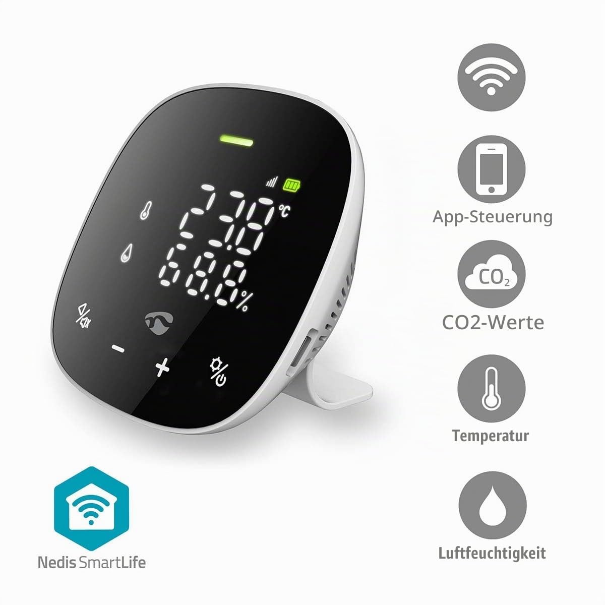 SmartLife Monitor de calitate a aerului - Wi-Fi - inclusiv display - Dioxid de carbon (CO2) / Umiditate / Temperatură - Android/iOS - Negru/Alb - WIFISA20CBK