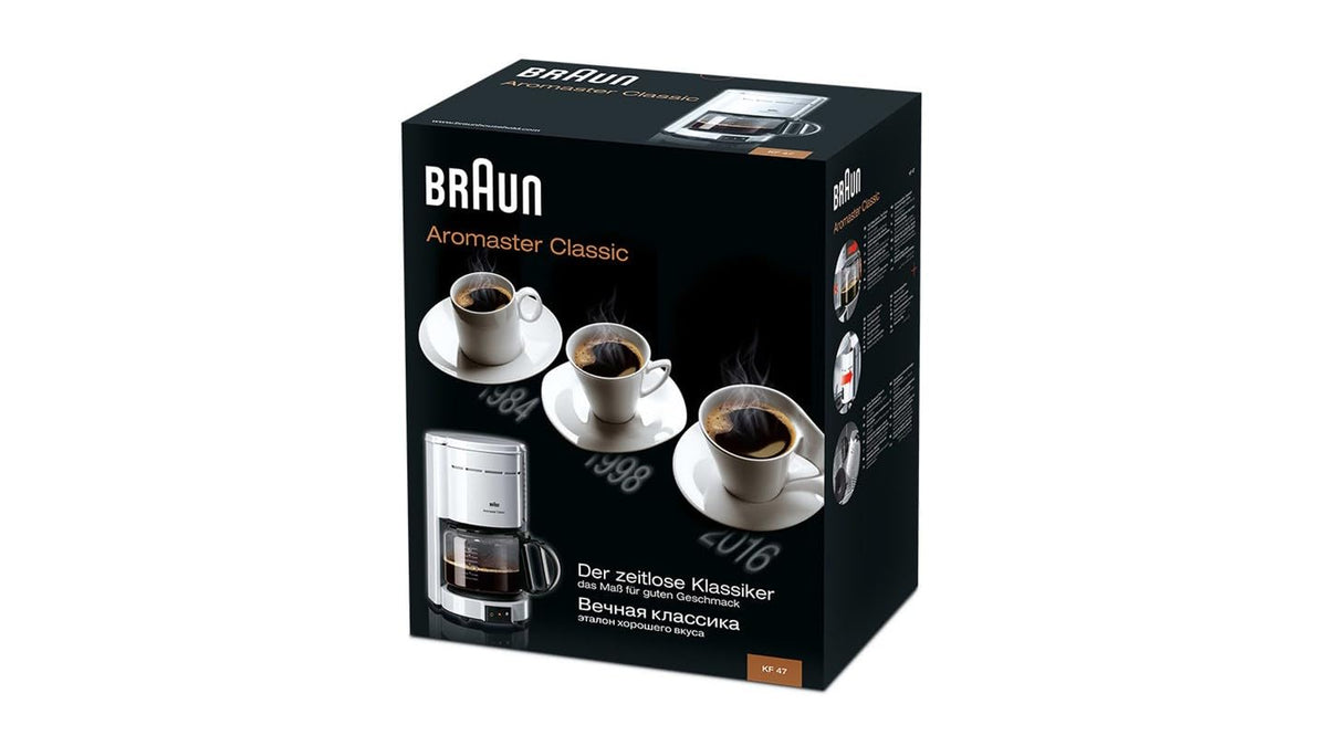 Braun Coffee Maker KF 47 WH - Filter coffee machine with glass carafe for classic filter coffee, aromatic coffee thanks to OptiBrew system, drip stop, automatic shut-off, white.