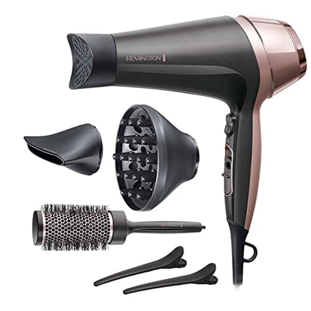 Remington Hair Dryer Ions [Curls & Waves & Straight] Curl-Straight (2200W, includes 3 styling attachments: conical & curling styling nozzle & diffuser, 45mm round brush & clips, 3 heat & 2 speed settings) D5707