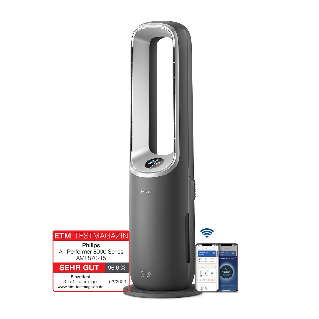 Philips Air Performer 3-in-1: Air purifier, heating and cooling fan - Cleans 70 m², removes 99.97% of allergens and pollutants. HEPA filter, intelligent sensors, Alexa, app. (AMF870/15)