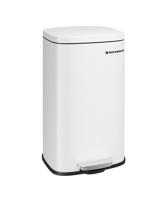 SONGMICS kitchen rubbish bin, 30 liters, waste bin, pedal bin, with lid, soft close, foot pedal, steel, inner bin, white LTB03WT